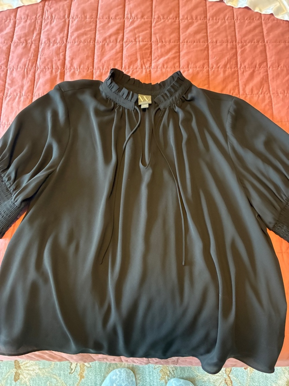 Worthington Black Ruffle-Neck Tie Blouse